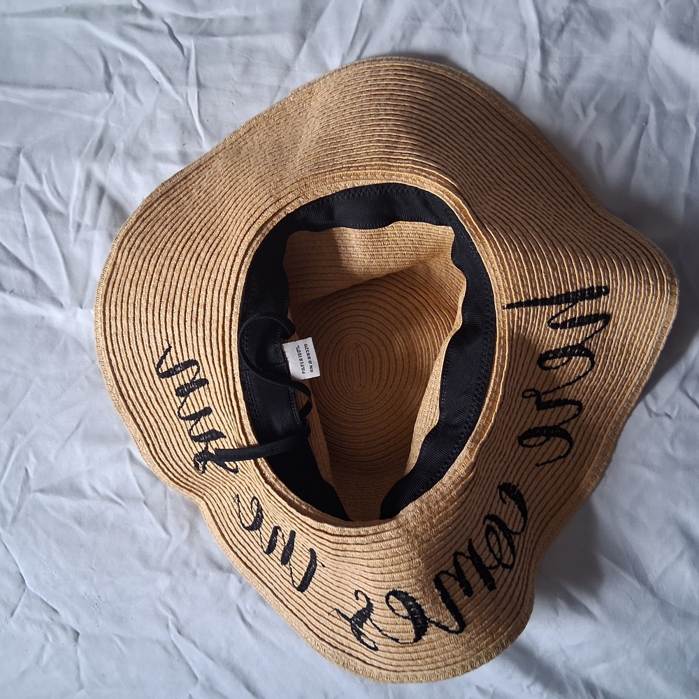 Tan Wide Brim Sun Hat with Black Text - Picture 3 of 3